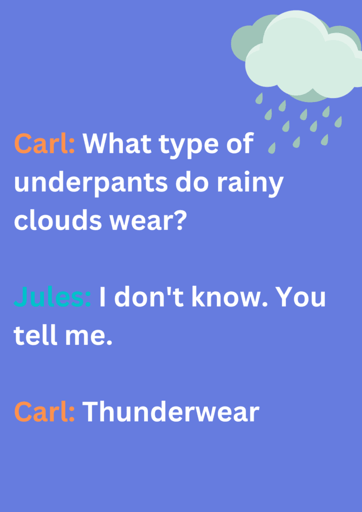 Joke between two friends about rainy clouds and their underpants, on a purple background. The image has text and emoticons. 