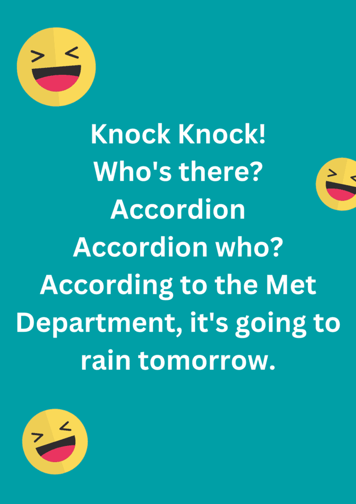 Funny knock knock joke about rains and the Met Department, on blue background. The image has text and emoticons. 