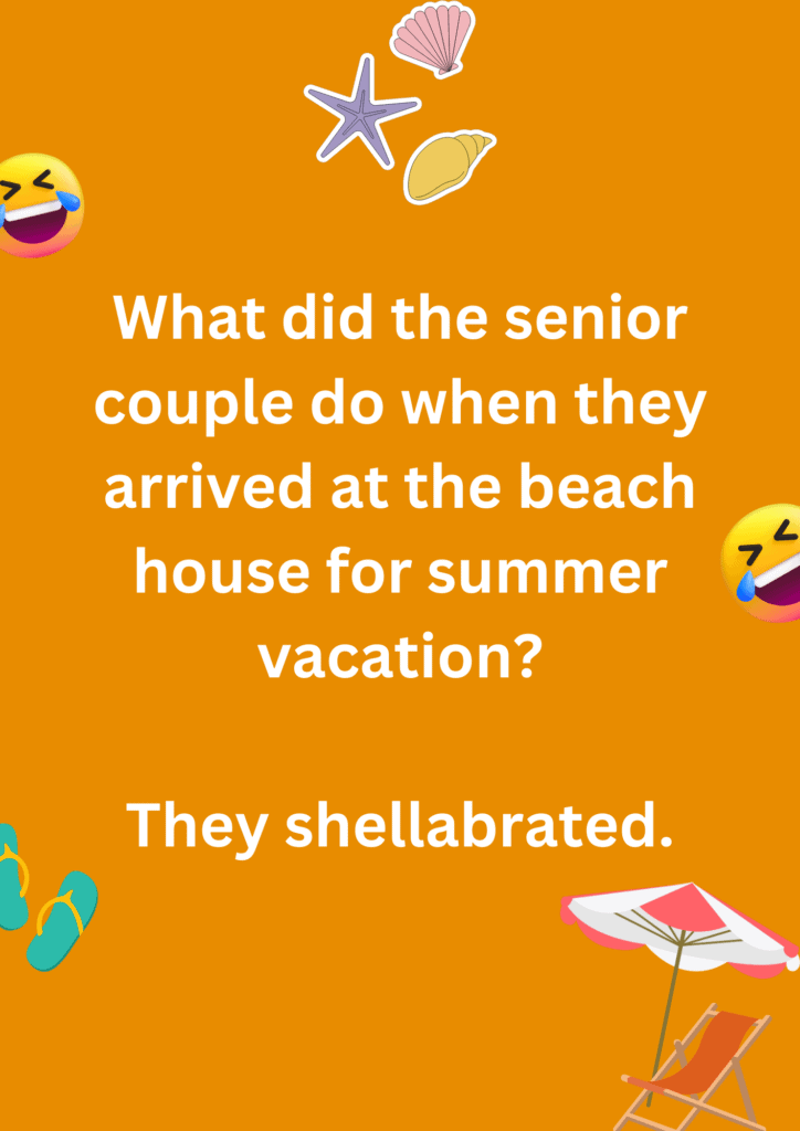 Joke about a senior couple who went to the beach house for summer vacations, on a yellow background. 