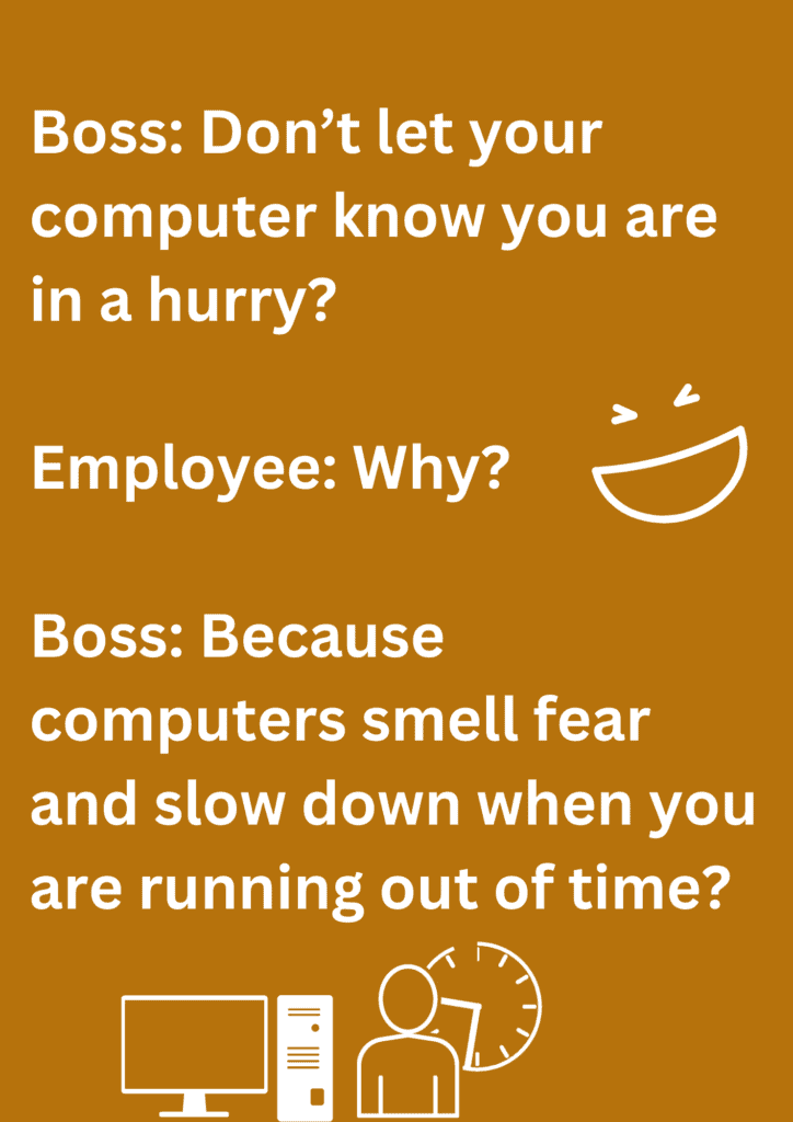 Joke between bass and his employee about computers and how they slow down, on yellow background. The image has text and emoticons.