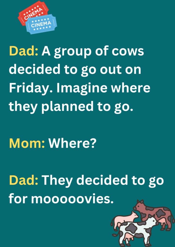 Funny dad joke about a group of cows going to movie, on blue background. The image has text and emoticons. 