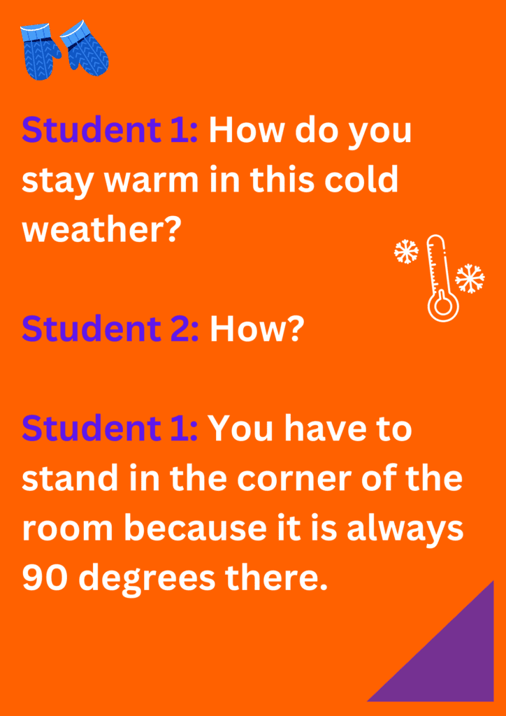 Funny math joke about the corner of room being 90s degree, on an orange background. The image has text and emoticons. 