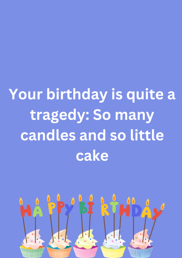 Joke about birthday cakes and candles, on purple background. The image has text and emoticons. 