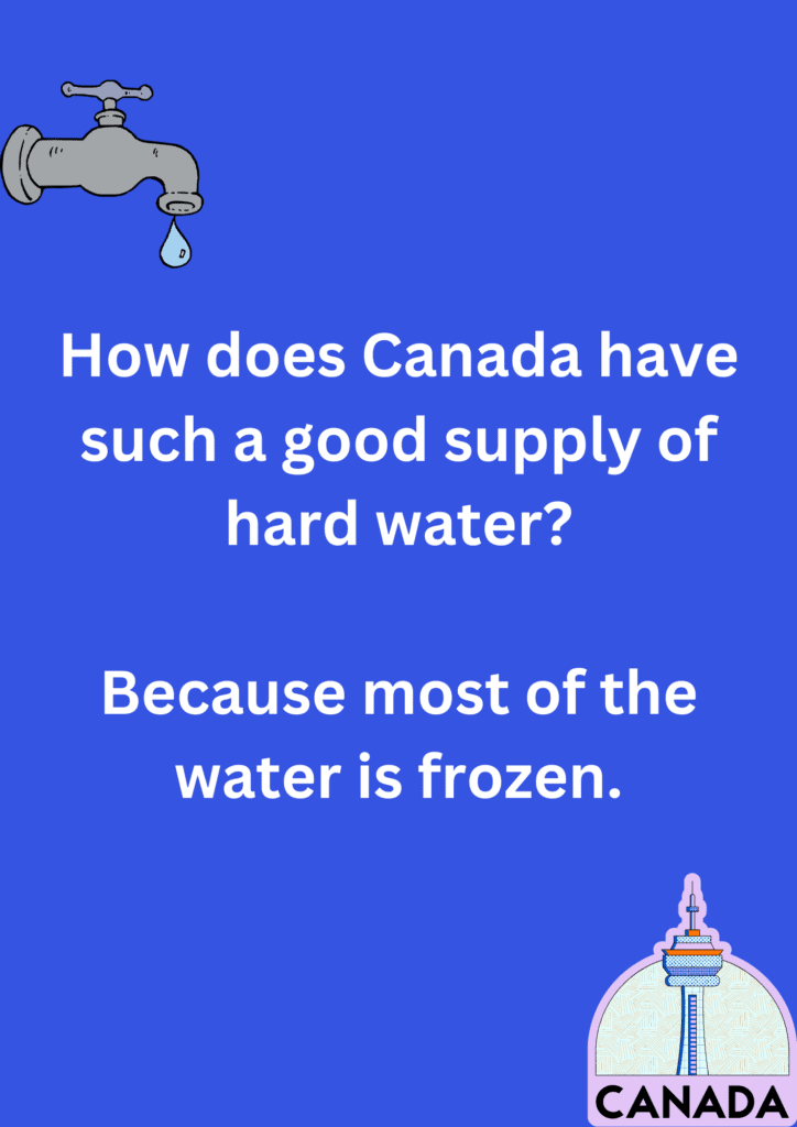 Funny joke about Canada having a good supply of hard water, on purple background. The image has text and emoticons.