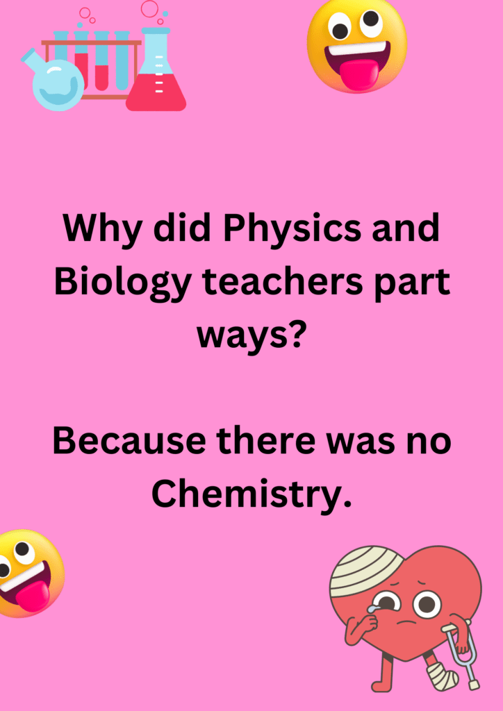 Joke about Physics and Biology teacher's break-up on a pink background. The image has text and emoticons. 
