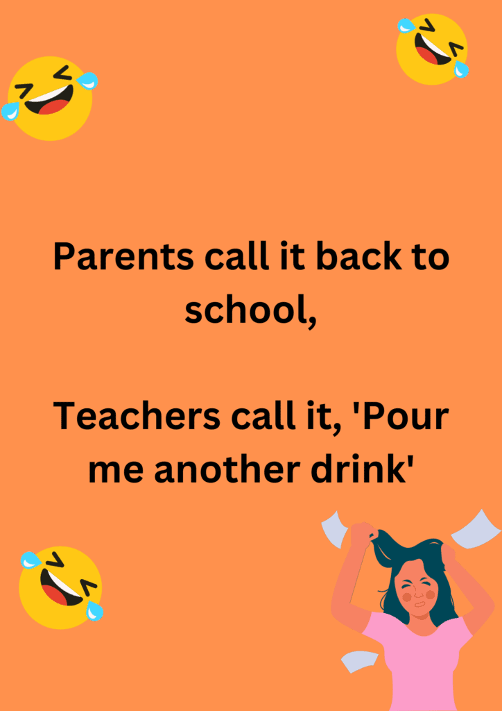 A funny joke about teachers and the stress they go through after school re-open, on a peach background. The image has text and various emoticons. 