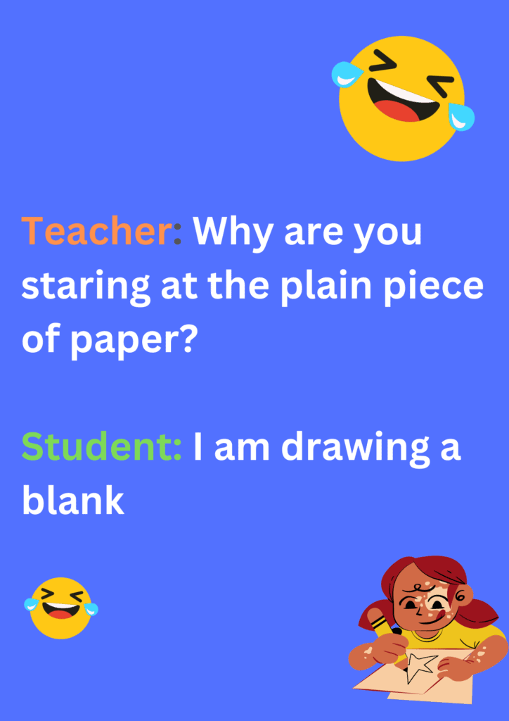 Funny joke between teacher and student about a sketch on a purple background. The image has text and emoticons. 
