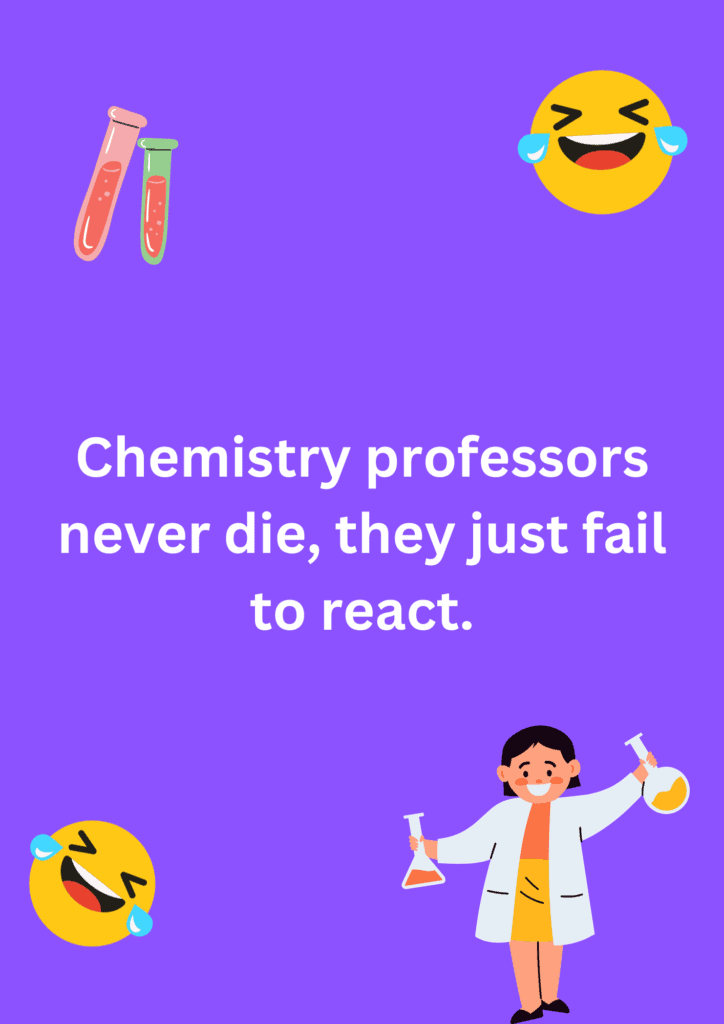 Funny joke about Chemistry teachers and how they fail to react, on a purple background. The image has text and various emoticons. 