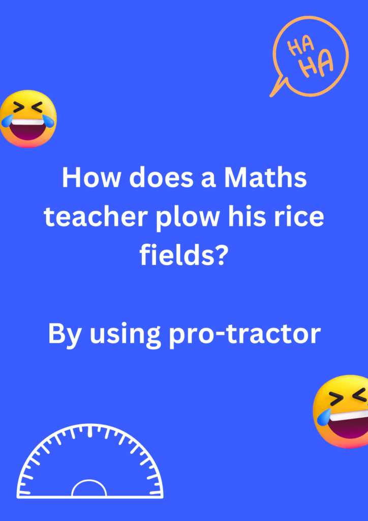 Funny joke about Maths teacher using tractor to plow his fields, on a purple background. The image has text and emoticons.