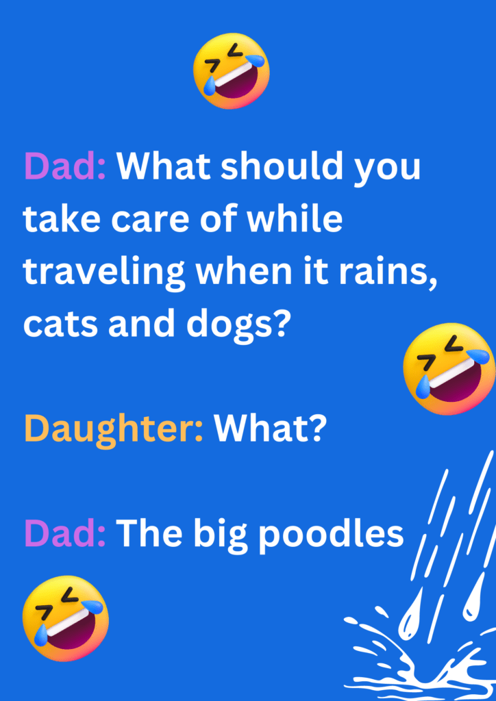 Funny joke between dad and daughter about heavy rains and big poodles, on deep blue background. The image has text and emoticons. 