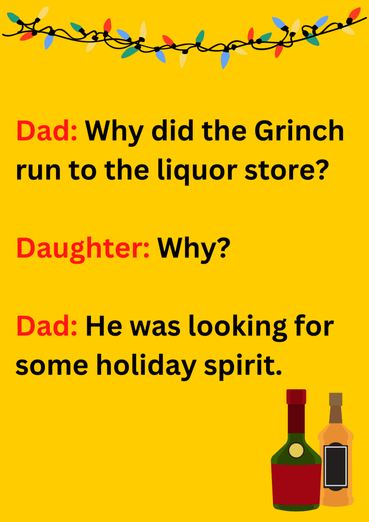 Dad joke about Grinch running to the liquor store, on a yellow background. The image has text and emoticons.