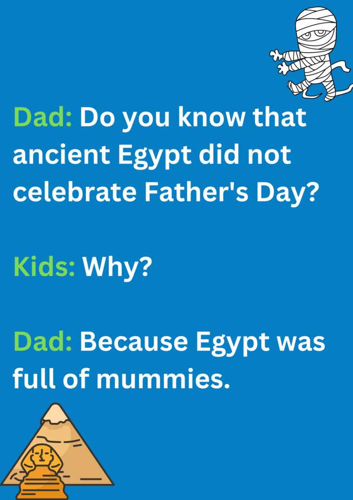 Dad joke about father's day not being celebrated in ancient Egypt, on a blue background. The image has text and various emoticons. 