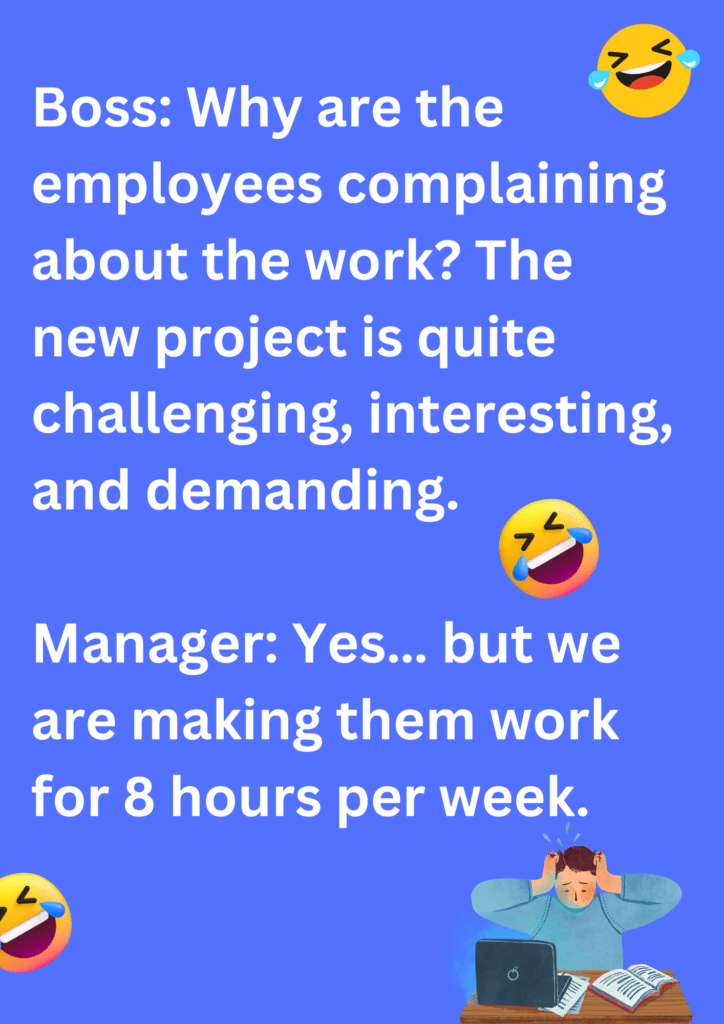 Joke between boss and manager about the complaining employees, on a purple background. The image has text and emoticons. 