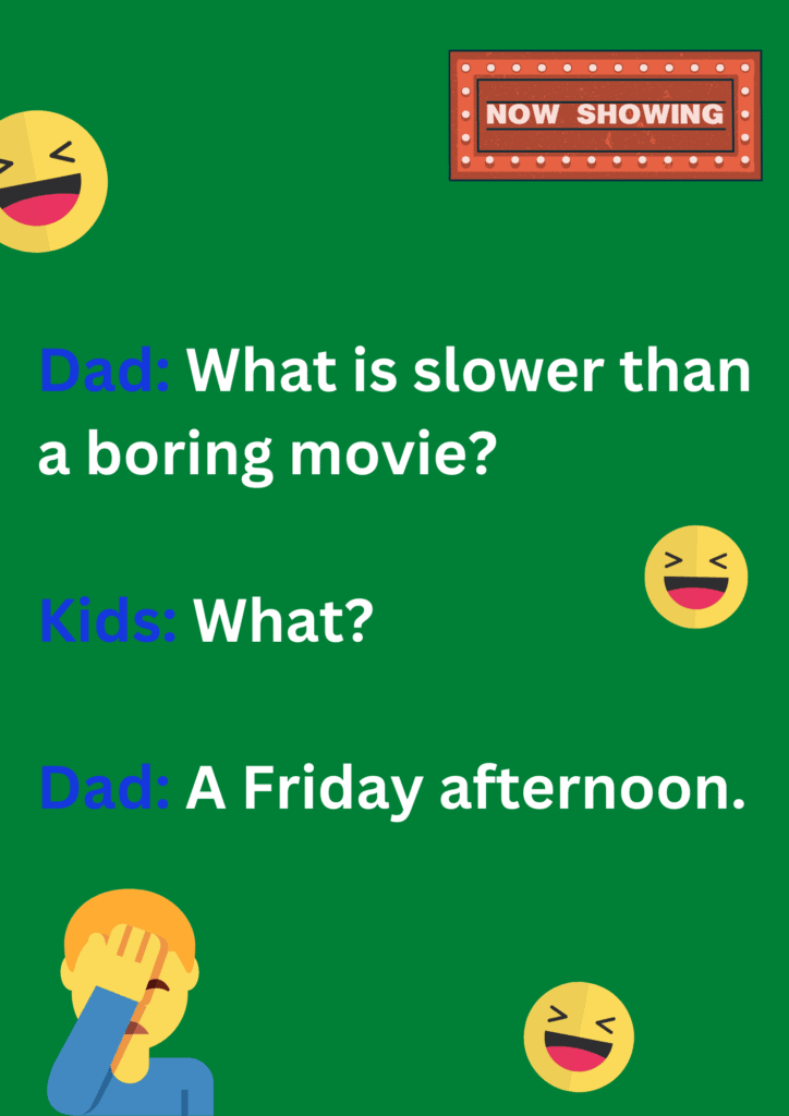 Funny dad joke about slow friday afternoons, on a green background. The image has text and emoticons. 