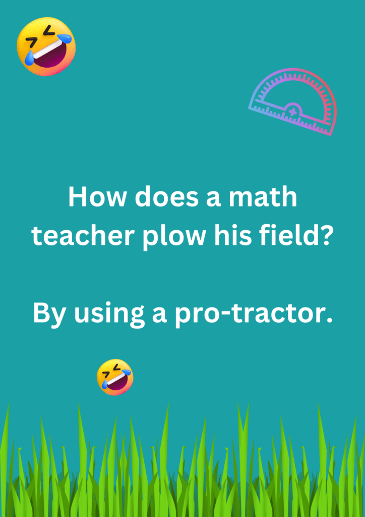 Funny joke about a teacher plowing his field, on blue background. The image has text and emoticons.
