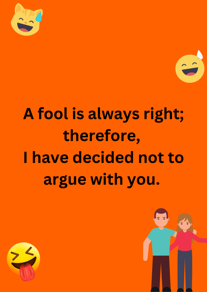 Funny joke about not arguing with husband on April Fools' Day, on an orange background. The image has text and emoticons. 