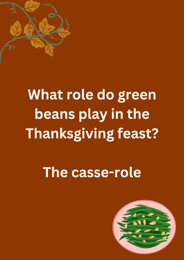 Thanksgiving joke about greens beans, on a brown background. The image has text and emoticons. 