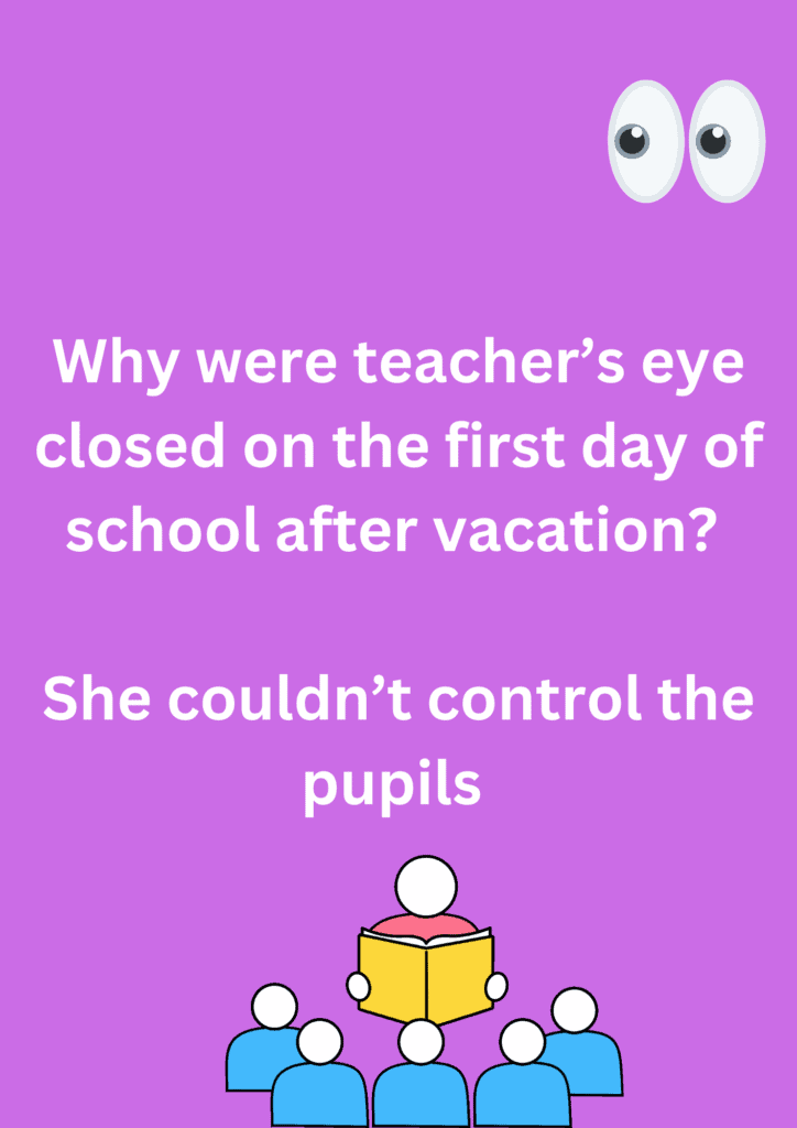 A funny joke about a teacher and her closed eyes during the first day of school after re-opening. on a oink background. The image has text and emoticons. 