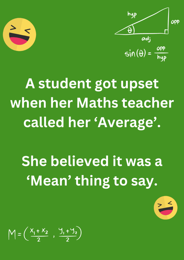 Funny joke about student getting upset after being called average by his teacher, on a green background. The image has text and emoticons. 
