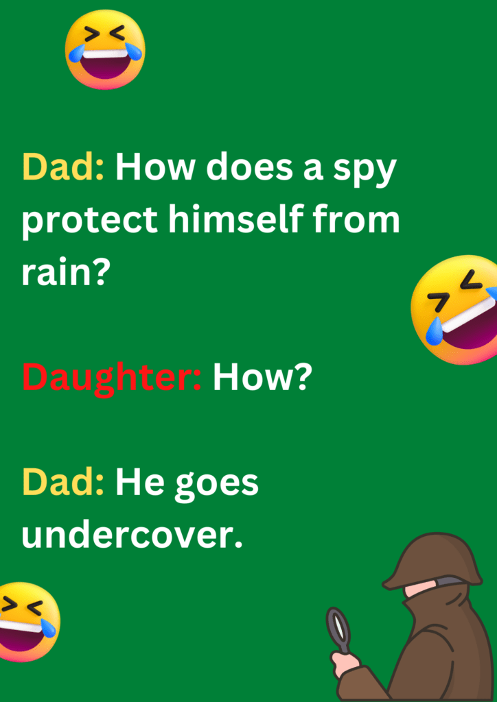 Joke between dad and daughter about a spy and him protecting himself during rains, on a green background. The image has text and various emoticons. 