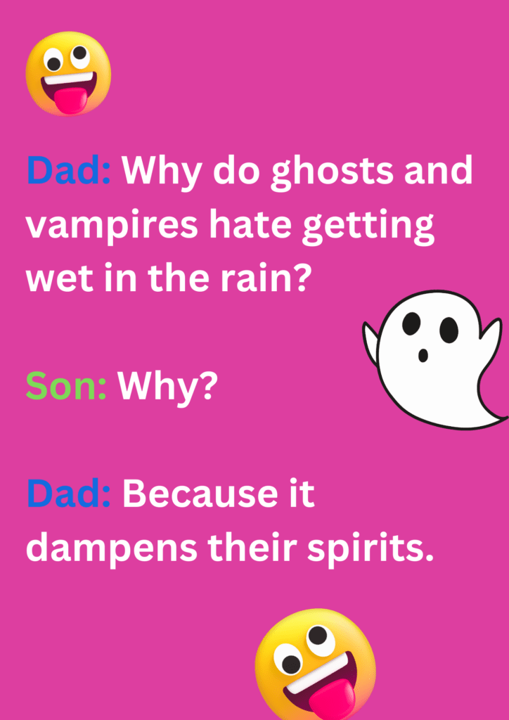 Funny joke between dad and son about ghosts and vampires hating to get wet in rain, on a pink background. The image has text and emoticons.  