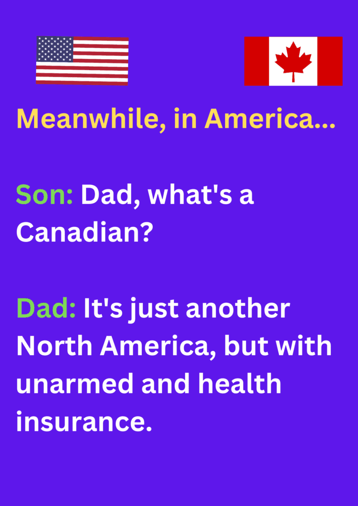 Funny joke about a dad describing Canada to his son, on a purple background. The image has text and emoticons.