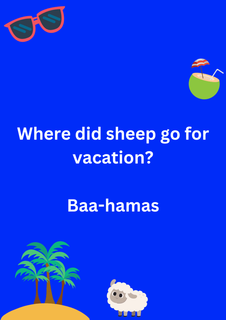 Funny joke about a sheep going to Bahamas for summer vacation, on a purple background. The image has text and emoticons. 