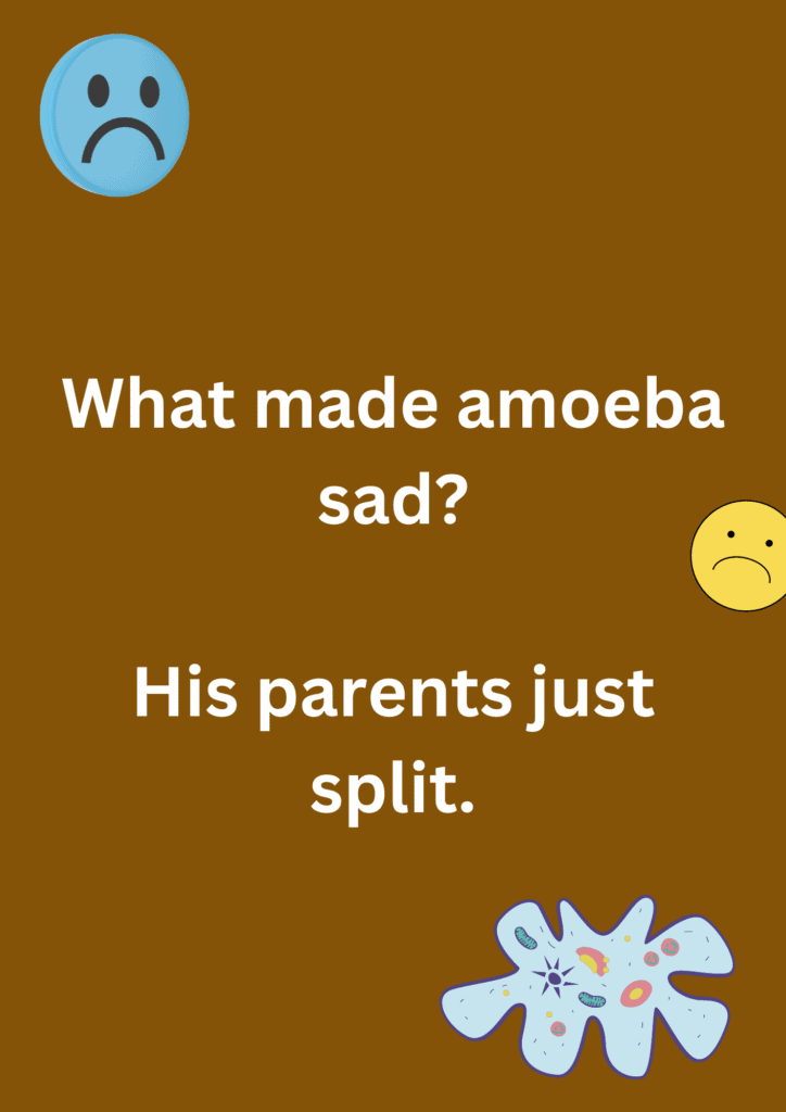 Joke about a amoeba who sad because of his parent's divorce, on a brown background. The image has text and emoticons.