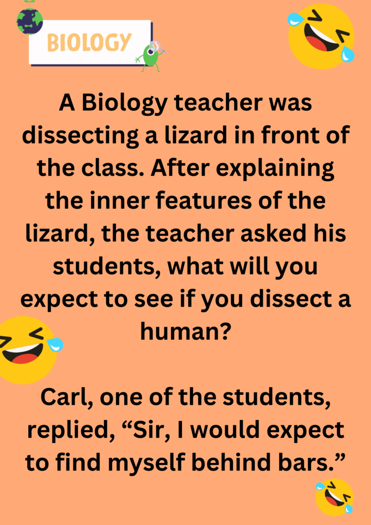 Joke about a Biology teacher who was performing dissection in the class, on a peach background. The image has text and emoticons. 