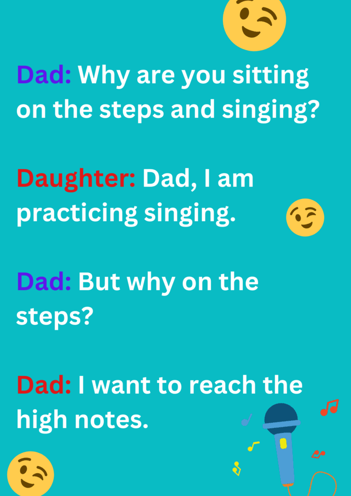 A funny joke about a dad and daughter's funny conversation, on a blue background. The image has text and emoticons.  