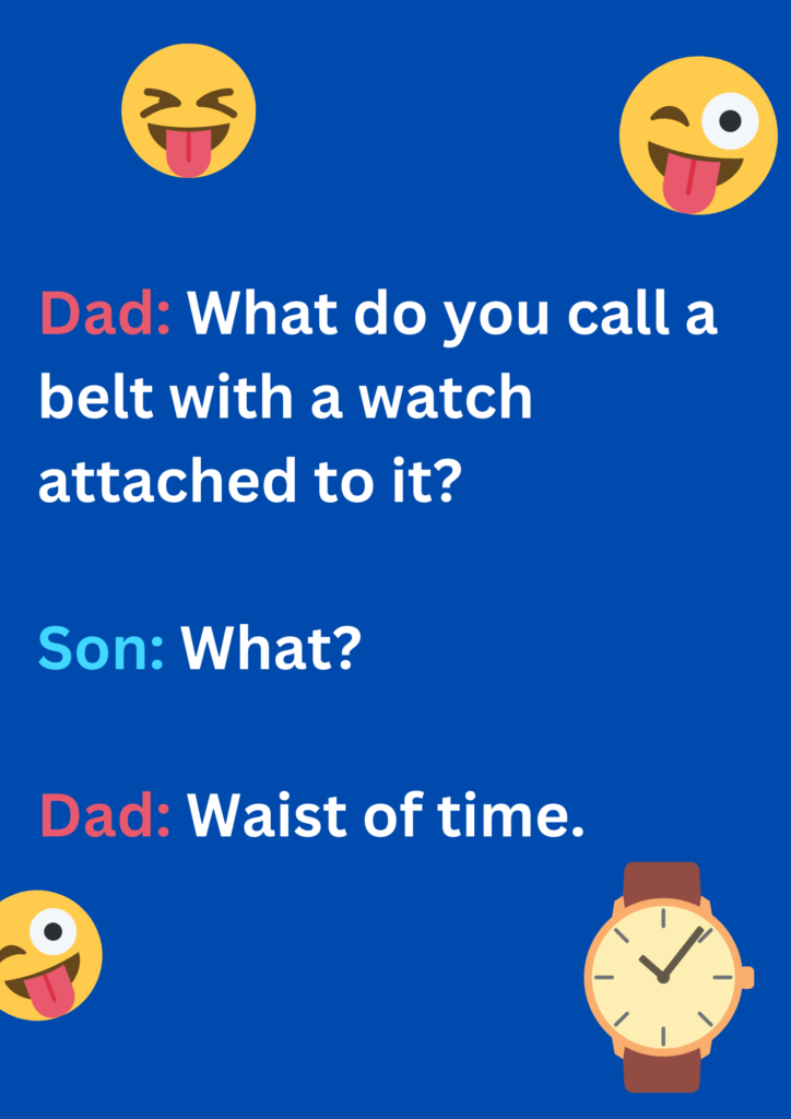 Joke about a belt with a attached watch to it, on a blue background. The image has text and various emoticons. 
