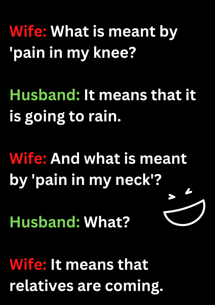 Funny joke between husband and wife about rains and relatives, on a black background. The image has text and emoticons. 