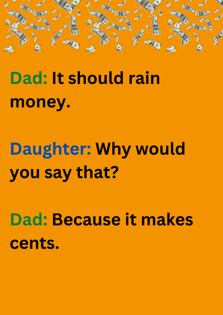 Joke between dad and daughter about money rain, on yellow background. The image has text and various emoticons. 
