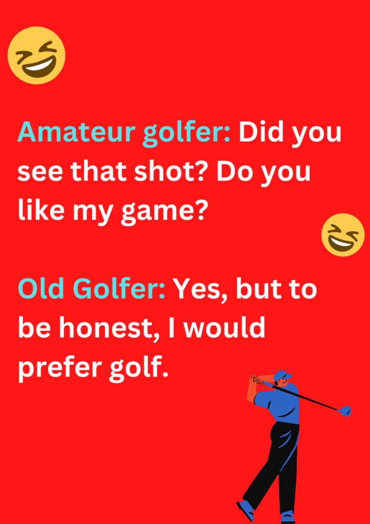 Joke about an old and new golfer about their game, on a red background. image has text and emoticons