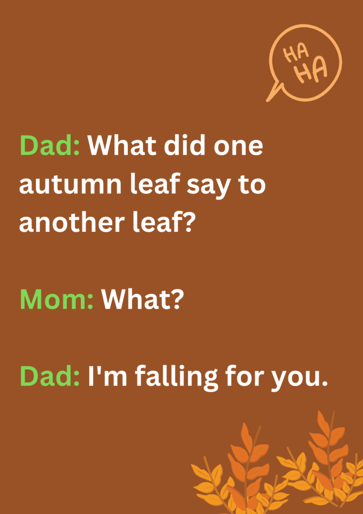 Funny dad joke about an autumn leaf falling for another autumn leaf, on a brown background. The image has text and various emoticons. 