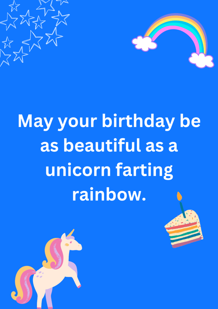 Joke about unicorn's fart interpreted as beautiful, on a blue background. The image has text and emoticons. 