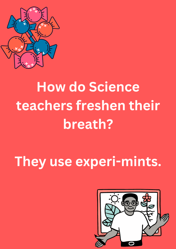 Joke about Science teachers and why these use mints, on a pink background. The image has text and various emoticons. 