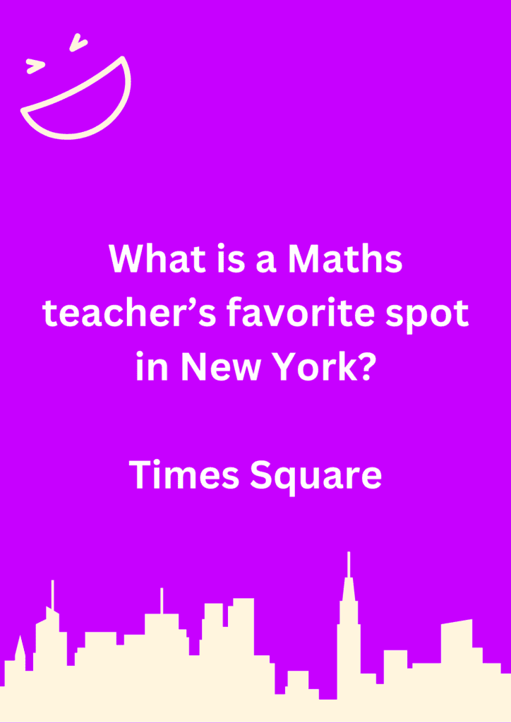Joke about Maths teacher's favorite spot in New York, on a purple background. The image has text and emoticon. 