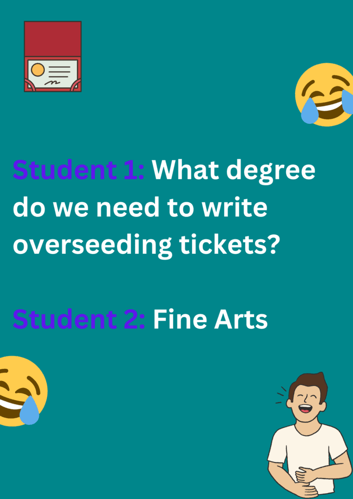 A funny joke between two art students about Fine Arts degree, on  a blue background. The image has text and emoticons. 