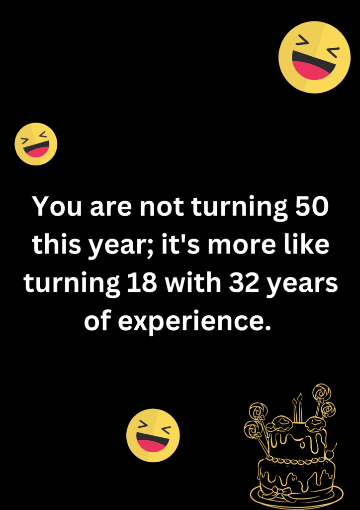 Joke about forever young women turning 50, on black background. The image has text and emoticons. 