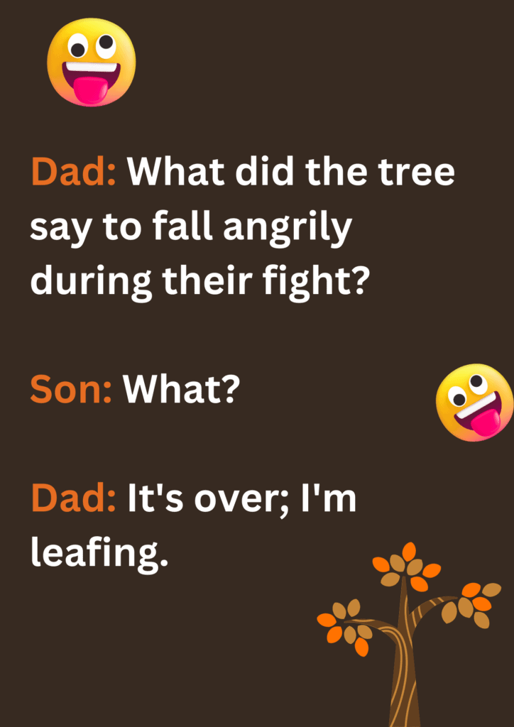 Funny dad joke about a fight between tree and fall, on a dark background. The image has text and various emoticons. 