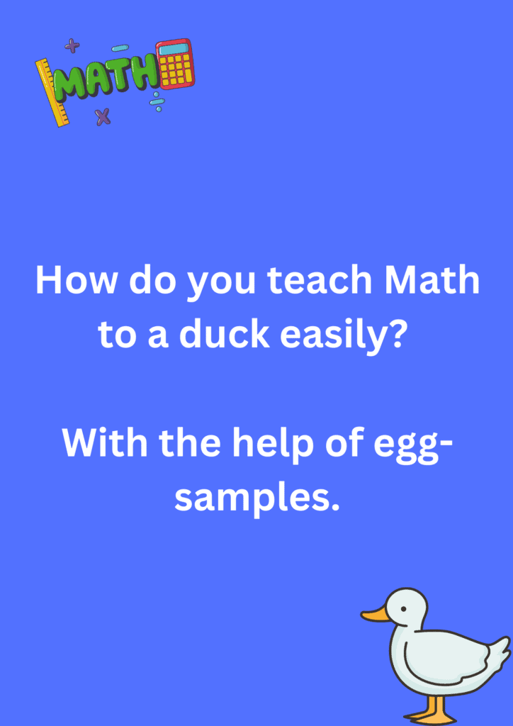 Funny joke about teaching math to a duck, on a purple background. The image has text and emoticons. 