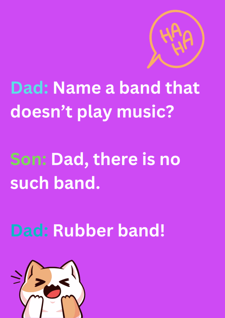 Funny joke about a dad and his son's funny interaction, on a pink background. The image has text and emoticons. 