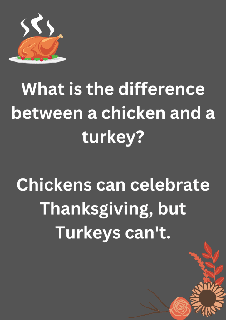 Thanksgiving joke about difference between chicken and turkey, on a grey background. The image has text and emoticons.