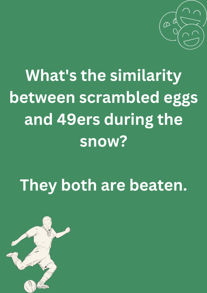 Joke about similarity between  scrambled eggs and 49ers, on green background. The image has text and emoticons. 