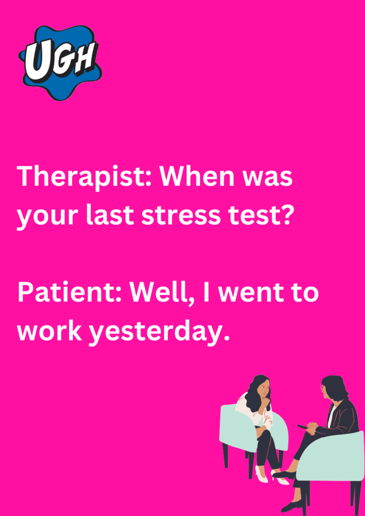 A funny joke about interaction between a therapist and an office employee, on a pink background. The mage has text and emoticons. 