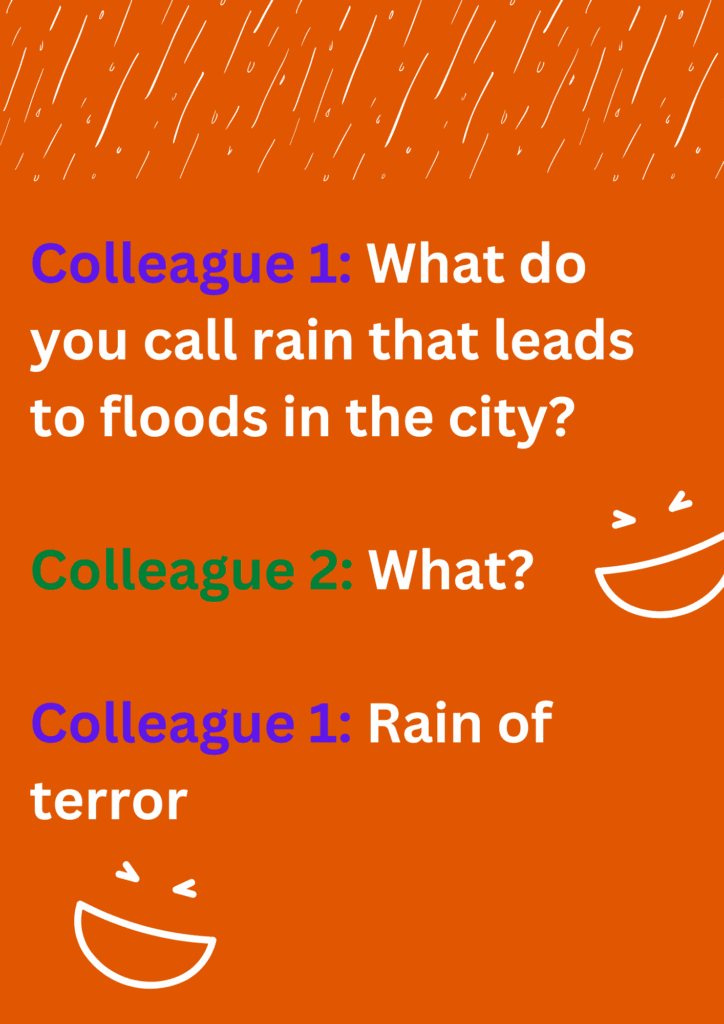 Joke between two colleagues about rains leading to floods in the city. The image has text and various emoticons. 