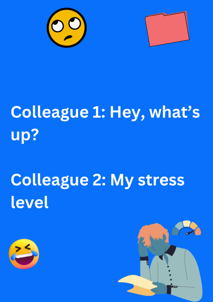 Joke between two office colleagues about stress levels, on a blue background. The image has text and emoticons. 