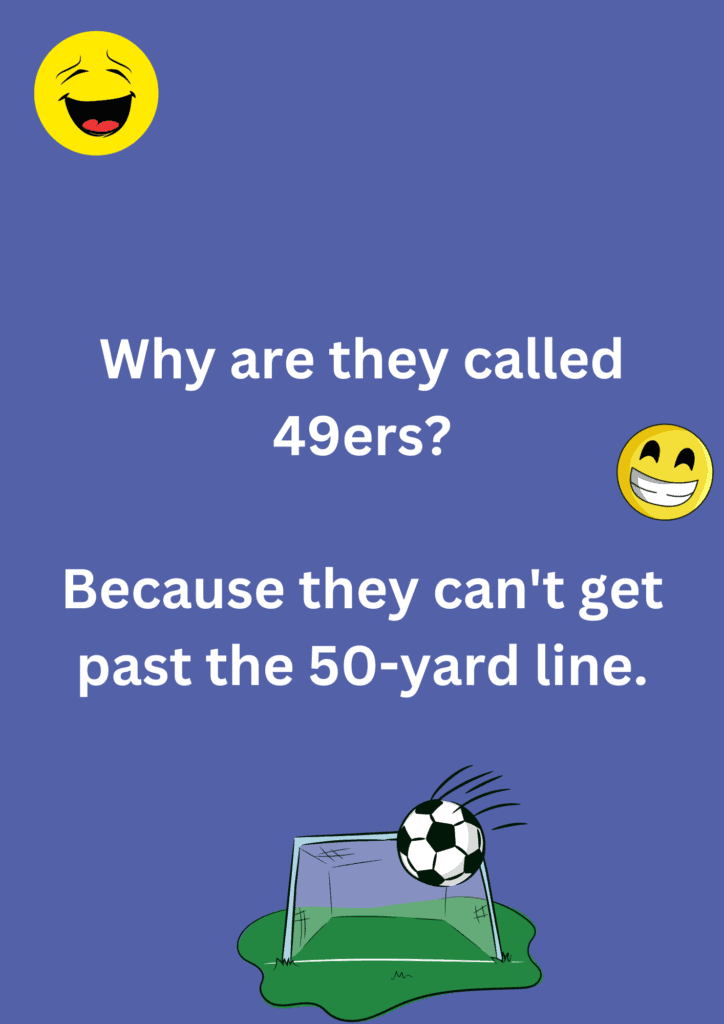 Joke about 49ers and their name, on a purple background. The image has text and emoticons.