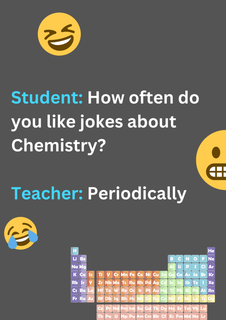 Funny joke about teachers and periodic tables, on a grey background. The image has text and emoticons. 